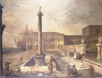 A Capriccio of a Piazza in Front of a Palace with the Column of Marcus Aurelius by Giovanni Antonio Canal