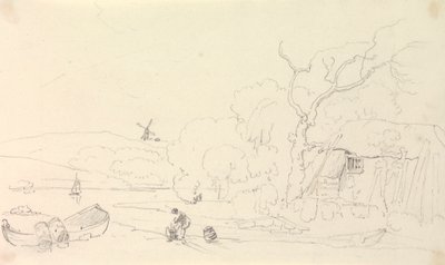 Sketch of a Cottage by the River with a Windmill in the Distance by Capt. Thomas Hastings