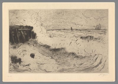 Wild Sea with a Sailing Ship by a Pier by Carel Nicolaas Storm van 