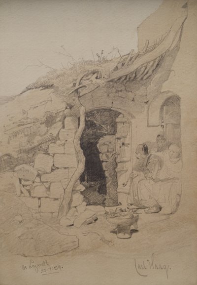 Three Figures Seated Outside a House, Nazareth, 1859 by Carl Haag