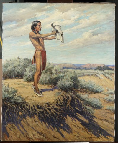 Indian boy with buffalo skull by Carl Moon