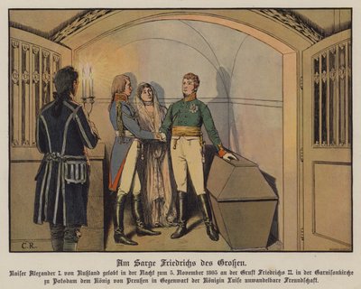 Tsar Alexander I of Russia visiting the tomb of Frederick the Great at Potsdam with King Frederick William III and Queen Louise of Prussia and swearing his unswerving friendship, 5 November 1805 by Carl Röchling