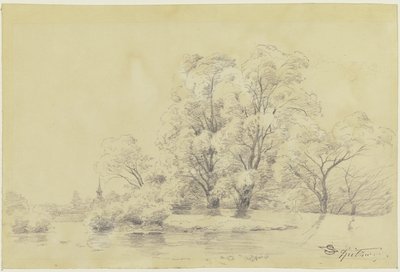 Landscape with Trees by the Water, in the Distance the Tower of a Village Church by Carl Spitzweg