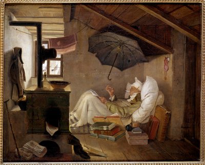 The Poor Poet. An old man bedridden in an attic. Painting by Carl Spitzweg (1808-1885) 1839 by Carl Spitzweg