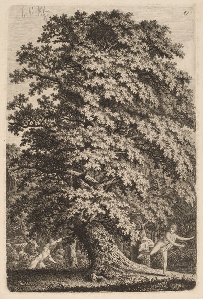 A Large Oak Tree in Woodland. A Young Man with a Spear Follows a Young Girl. by Carl Wilhelm Kolbe