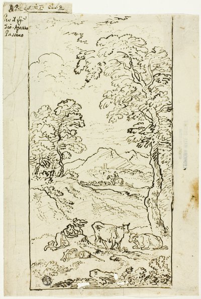 Hilly Landscape with Cows and Shepherds in Foreground by Carlo Antonio Tavella
