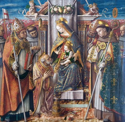 Enthroned Madonna with the Child, the Key Handover to Apostle Peter, and Saints John Capistranus, Emidius, Francis, Louis of Toulouse, Blessed Giacomo della Marca, and a Bishop by Carlo Crivelli