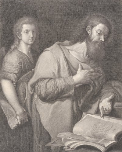 Saint Matthew, standing before a book at right with a hand on his chest, another man behind by Carlo Faucci