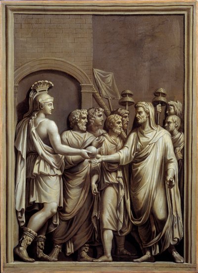 Ancient Rome: warrior and man in a toga exchanging a sphere by Carlo Labruzzi