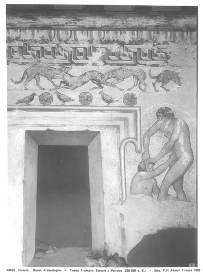 Marce Camitlnas and Cneve Tarchunies Rumach, reconstruction of the Etruscan wall painting in the Francois Tomb at Vulci of c.320-280 BC by Carlo Ruspi