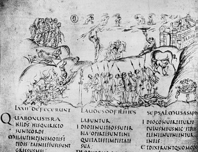 Illustration of various scenes from one of the Psalms, from the Utrecht Psalter, copy of original from Reims now in Utrecht University Library by Carolingian School