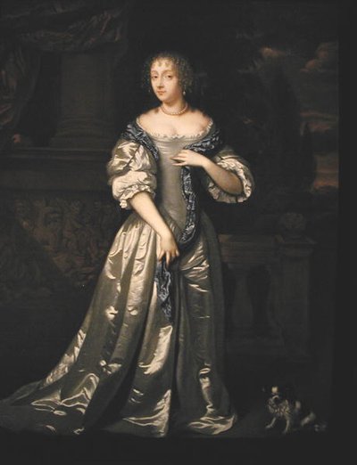 Portrait of Lady Philippa Stanton and her Dog Standing on a Terrace by a Sculpted Frieze by Caspar (studio of) Netscher