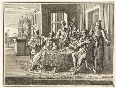 David Sitting at a Table Playing the Harp by Caspar Luyken
