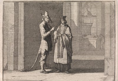 Pastor in Conversation with the Devil at the Entrance of a Church by Caspar Luyken