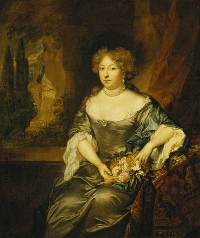 Portrait of a Lady, Seated Small Three-Quarter Length, Wearing a Grey Satin Dress, Holding a Basket of Flowers Before a Window, a Statue in a Park Beyond by Caspar Netscher