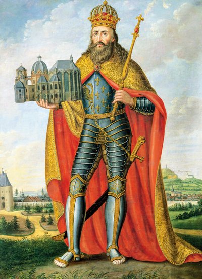 Portrait of Charlemagne, King of Franks and Lombards and Emperor of Holy Roman Empire, Standing with Model of Palatine Chapel by Casper Johann Nepomuk Scheuren