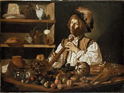 Interior with a Still Life and a Young Man Holding a Recorder (17th century) by Cecco de Caravaggio