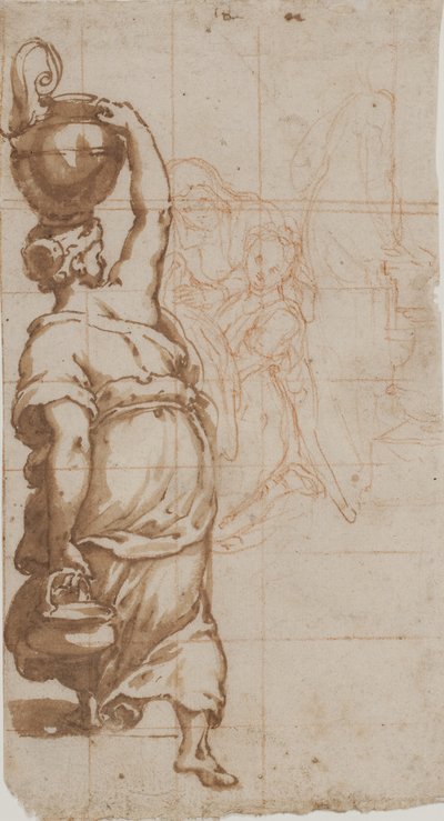 Woman with a Jar on Her Head Seen from Behind, Two Women with a Cloth in the Background by Cesare Nebbia