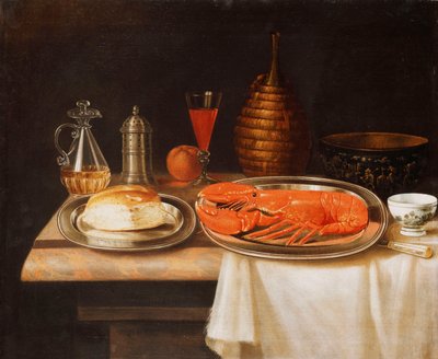 A Still-Life with a Lobster and Bread on Salvers, a Decanter of Wine and Other Items on a Partly Draped Marble Ledge by Charles Collins