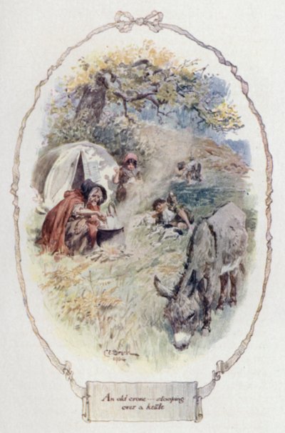 An old crone stooping over a kettle by Charles Edmund Brock