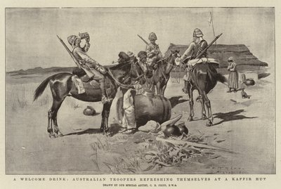 A Welcome Drink, Australian Troopers Refreshing Themselves at a Kaffir Hut by Charles Edwin Fripp