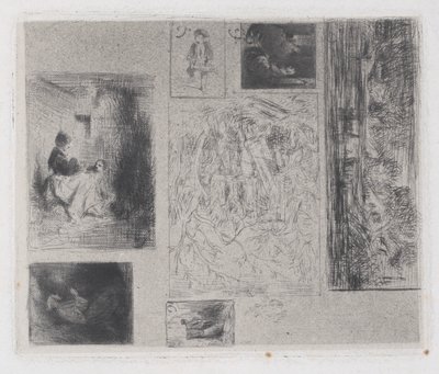 Composite Plate: Woman and Children, Old Musician, Frying Merchant, Landscape by Charles Emile Jacque