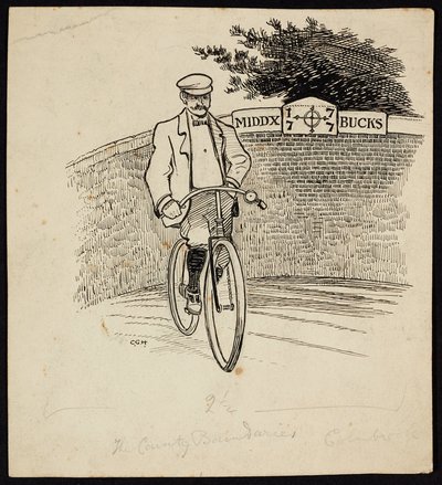 A Man on a Bicycle in Front of a Sign Marking the County Boundary Between Middlesex and Buckinghamshire by Charles George Harper