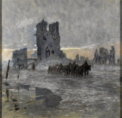 Horse-drawn transports, possibly an artillery train, passing the ruined Cloth Hall, Ypres by Charles Gilbert Holiday