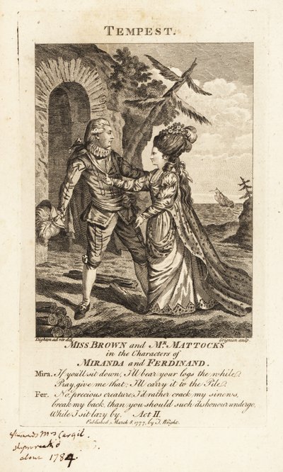 Miss Ann Brown and Mr George Mattocks as Miranda and Ferdinand in an Operatic Version of William Shakespeare