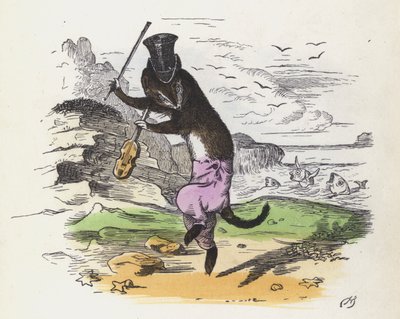 French weasel playing the fiddle and dancing by Charles Henry (after) Bennett
