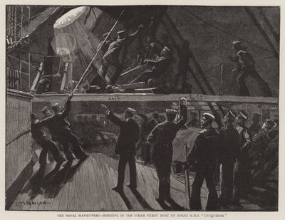 The Naval Manoeuvres, Hoisting in the Steam Picket Boat on Board HMS Conqueror by Charles J. Staniland