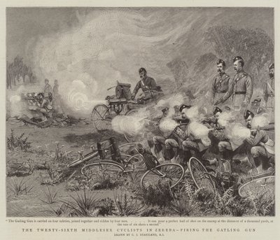 The Twenty-Sixth Middlesex Cyclists in Zereba, firing the Gatling Gun by Charles J. Staniland