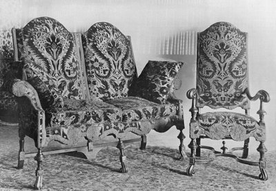 Suite of Walnut Chairs and Settee Covered in English Velvet by Charles Latham
