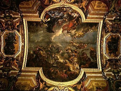 View of The King Taking Maastricht in Thirteen Days in 1673 and the Passage on the Rhine in the Presence of the Enemies in 1672, Ceiling Painting from the Galerie des Glaces by Charles Le Brun