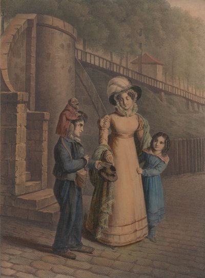 Boy with a monkey on his shoulder receiving coins from a mother and daughter by Charles Louis Constans