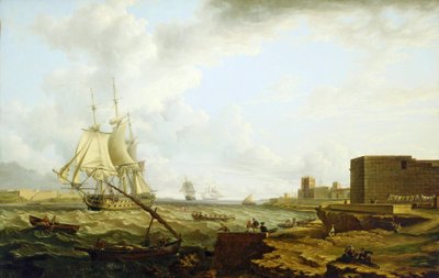 A third-class British Royal Navy warship entering Port Mahon, with a small craft that carries officers to the dock by Charles Martin Powell
