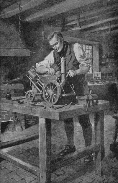 George Stephenson Working at a Model of His Rocket, the Engine Which Made the Railway Possible by Charles Mills (after) Sheldon