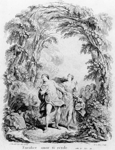 Orpheus leading Eurydice out of hell, illustration for the opera 