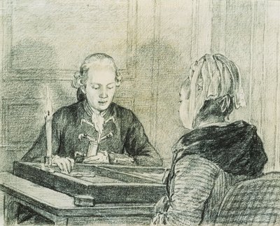 A Seated Couple, the Lady seen from Behind, playing Backgammon by Candlelight by Charles Nicolas II Cochin