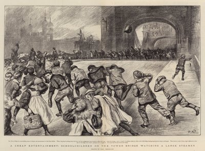 A Cheap Entertainment, Schoolchildren on the Tower Bridge Watching a Large Steamer by Charles Paul Renouard