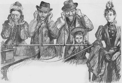 Visitors to the Paris Exhibition listening to the phonograph by Charles Paul Renouard