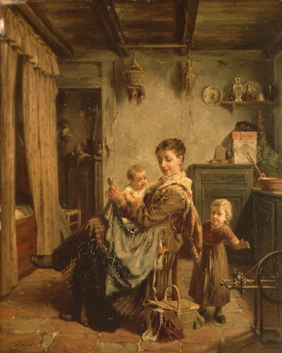 Cache-Cache, an interior with mother and child by Charles Petit