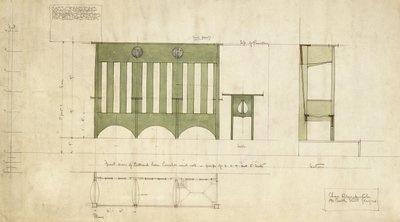 Design for benches and a table, shown in elevation and section plan by Charles Rennie Mackintosh