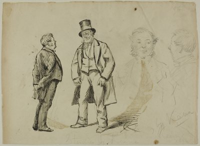 Sketch of Two Standing Men and Two Portraits by Charles Samuel Keene