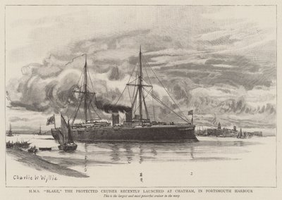 HMS Blake, the Protected Cruiser recently launched at Chatham, in Portsmouth Harbour by Charles William Wyllie