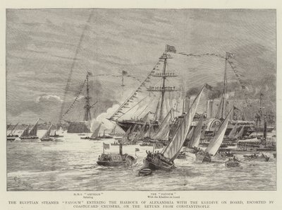 The Egyptian Steamer Fayoum entering the Harbour of Alexandria with the Khedive on Board, escorted by Coastguard Cruisers, on the Return from Constantinople by Charles William Wyllie