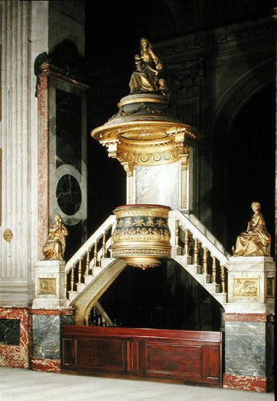 Pulpit with gilded figures of Faith and Hope by Guesdon and Charity by Dumont by Charles de Wailly