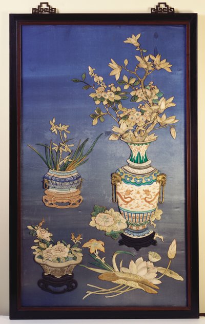 A Silk Panel Depicting Vases with Cherry Blossoms, Magnolia and Orchids and a Jardiniere with Roses Amid Sprigs of Lotus, Day Lilies and Morning Glories by Chinese School
