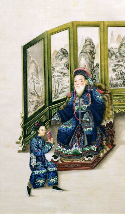 Old Man Seated with a Servant Reading by Chinese School