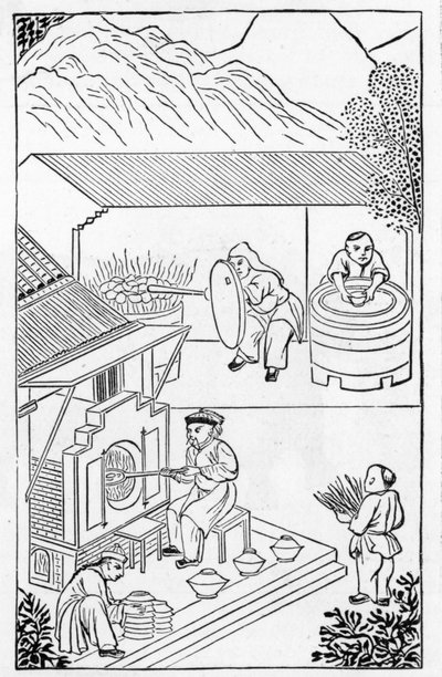 Opening and closing furnaces, from a series of illustrations on the manufacture of china by Chinese School